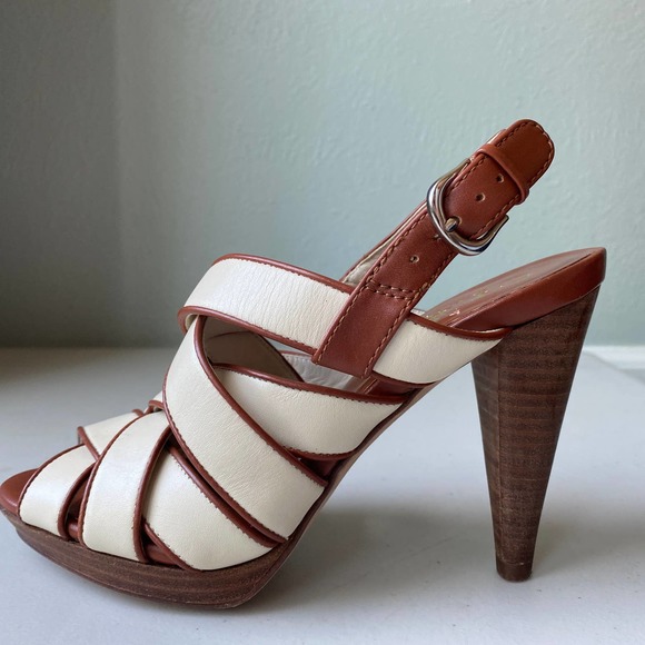 COLE HAAN Brown and White Leather Strappy Slingback Heels, Size 5.5B - Picture 2 of 11